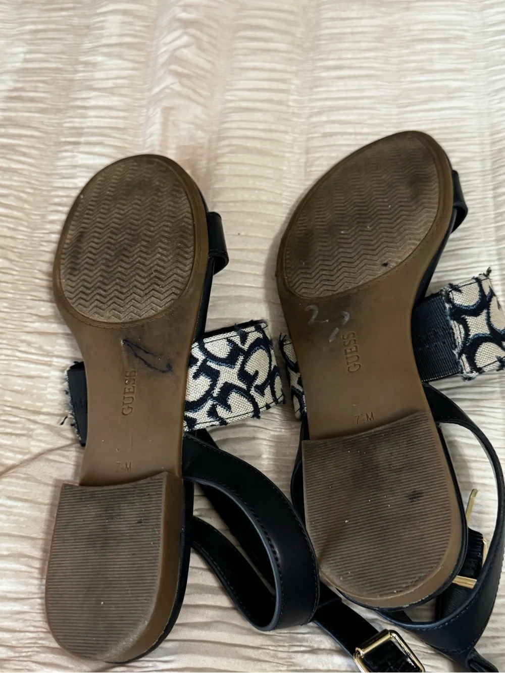 GUESS Navy Blue Leather & Monogram Logo Strap Sandals